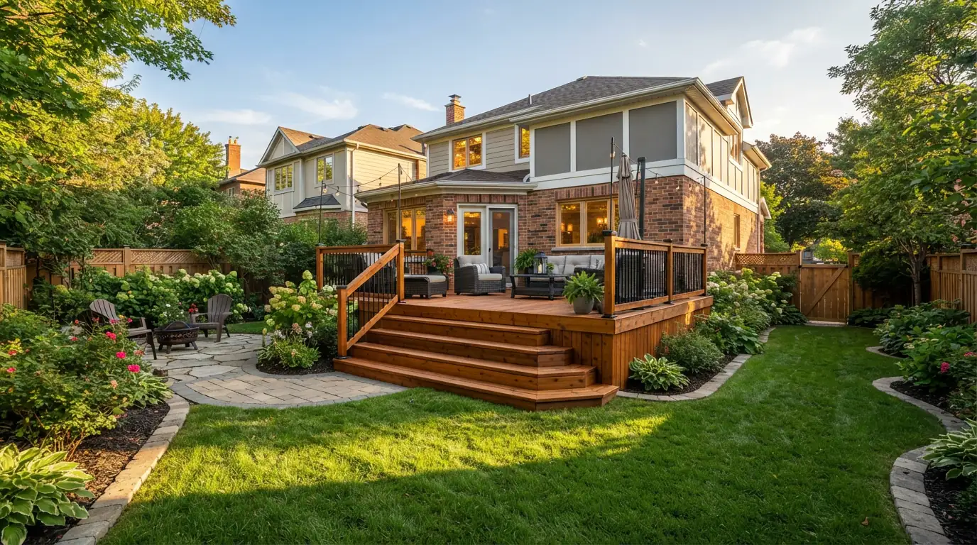 Professionally restored wooden deck in suburban backyard